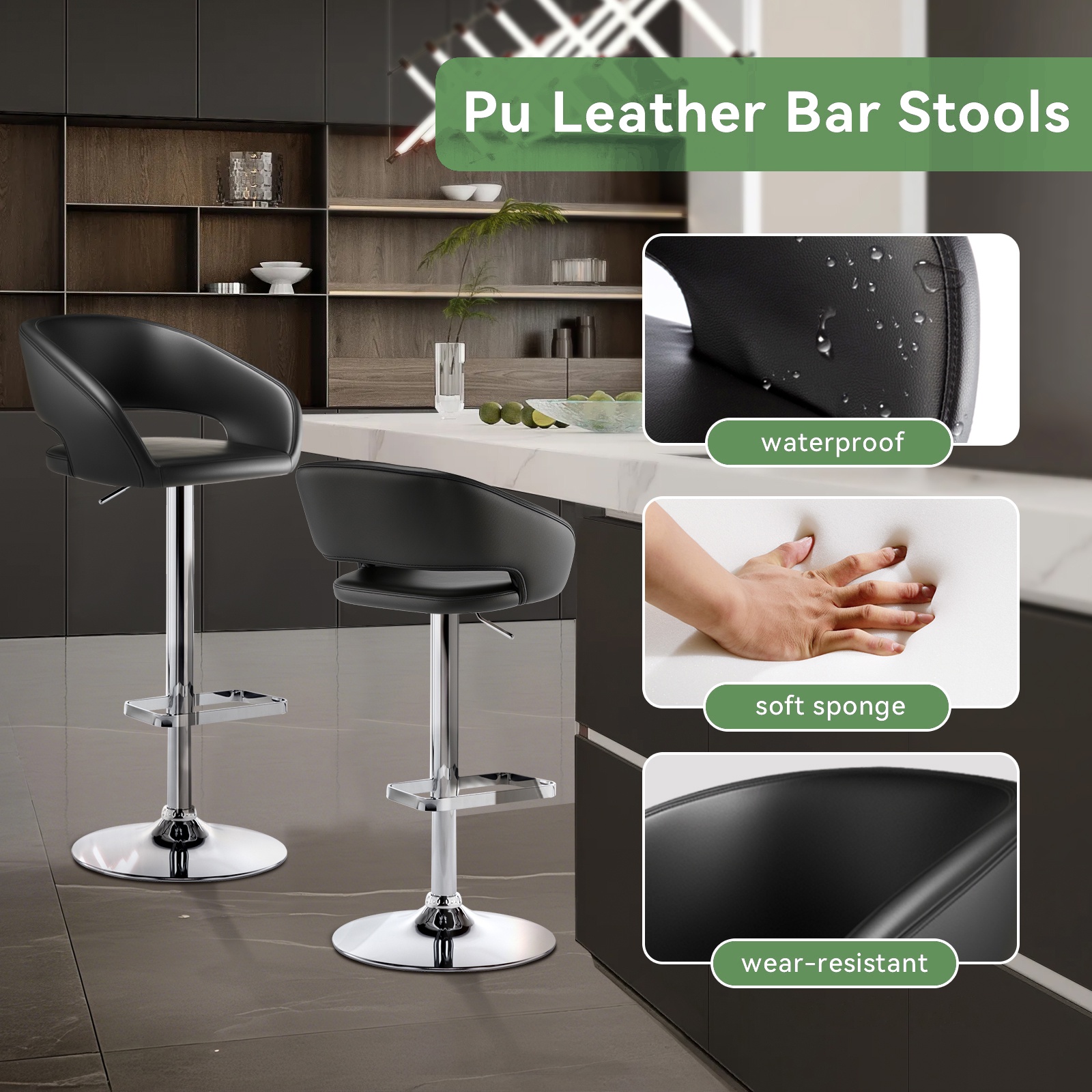Adjustable Bar Stools, 360-Degree Swivel Barstools with Open Back and Arms, PU Leather Counter Height Island Chairs with Square Footrest for Pub Kitchen Dining Room, Black