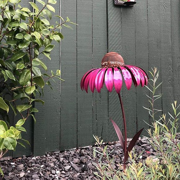 Comedero para pájaros de metal con forma de equinácea, de pie, de hierro, para jardín, con forma de poste para flores, para decoración de jardín
