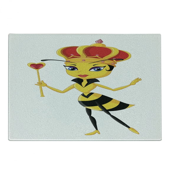Queen Bee Cutting Board, Cartoon Style Crown and Wand Heart Design Insect Image, Decorative Tempered Glass Cutting and Serving Board, Small Size, Scarlet Black Yellow, by Ambesonne