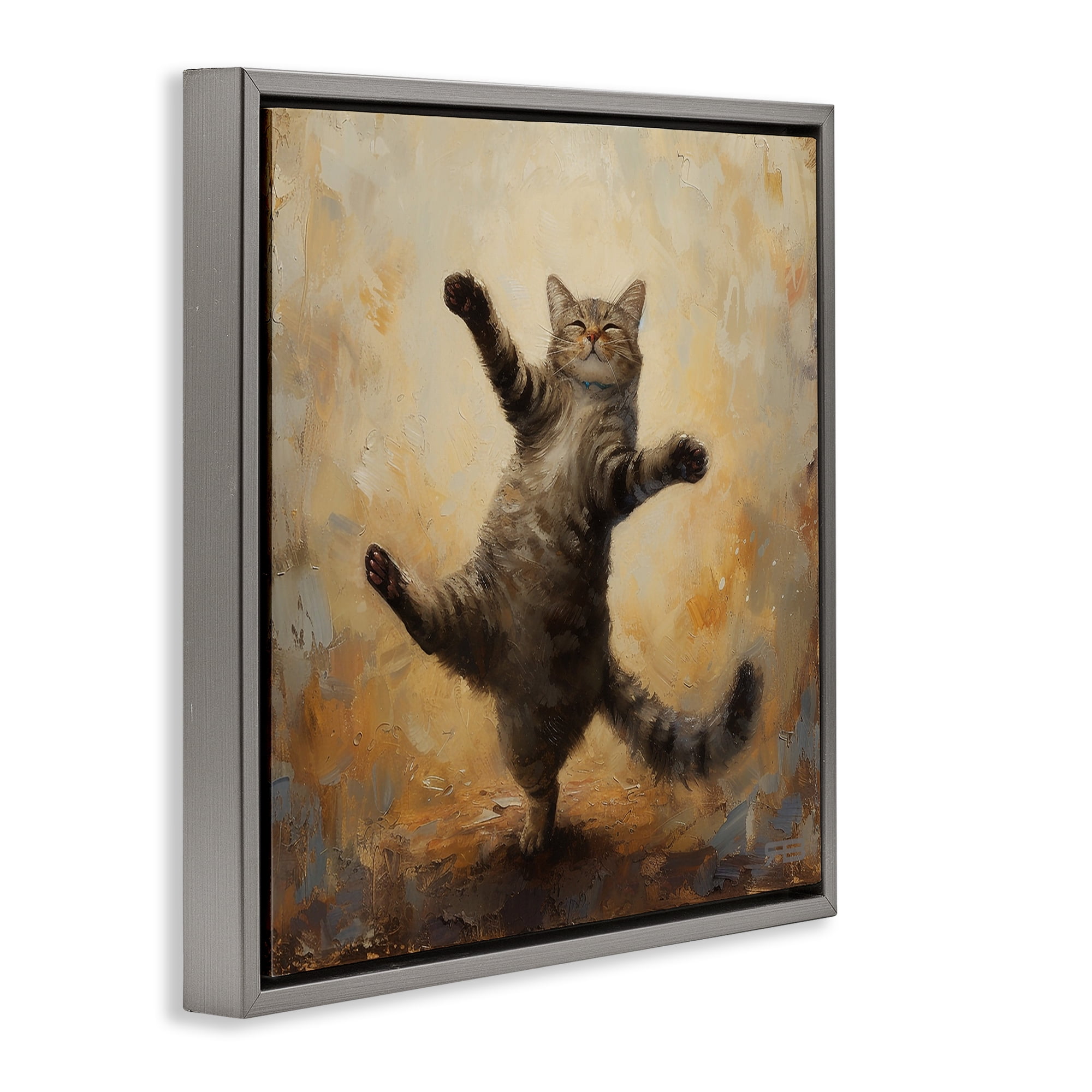 Stupell Industries Dancing Tabby Cat Animals & Insects Painting Gray Floater Framed Canvas Art Print Wall Art, 18 x 18