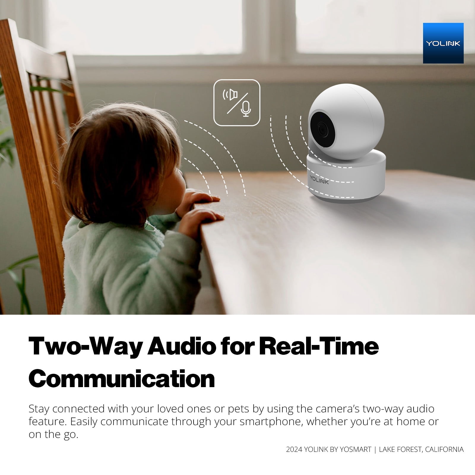 YoLink Uno Wireless Home Security Camera Indoor, 2.4GHz WiFi Camera for Baby and Pet Monitor, 1080p Dog Camera with Phone App, Night Vision B/W, 2-Way Audio, SD Card Storage, 360°