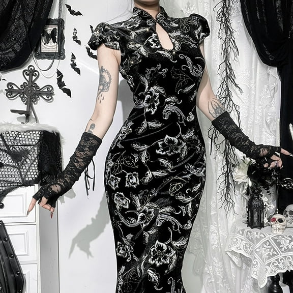 Women Elegant Fashion Gilding Florals Short Sleeve Dress Y2K Grunge Hem Split Bodycon Dresses Mall Goth Cheongsam Slim