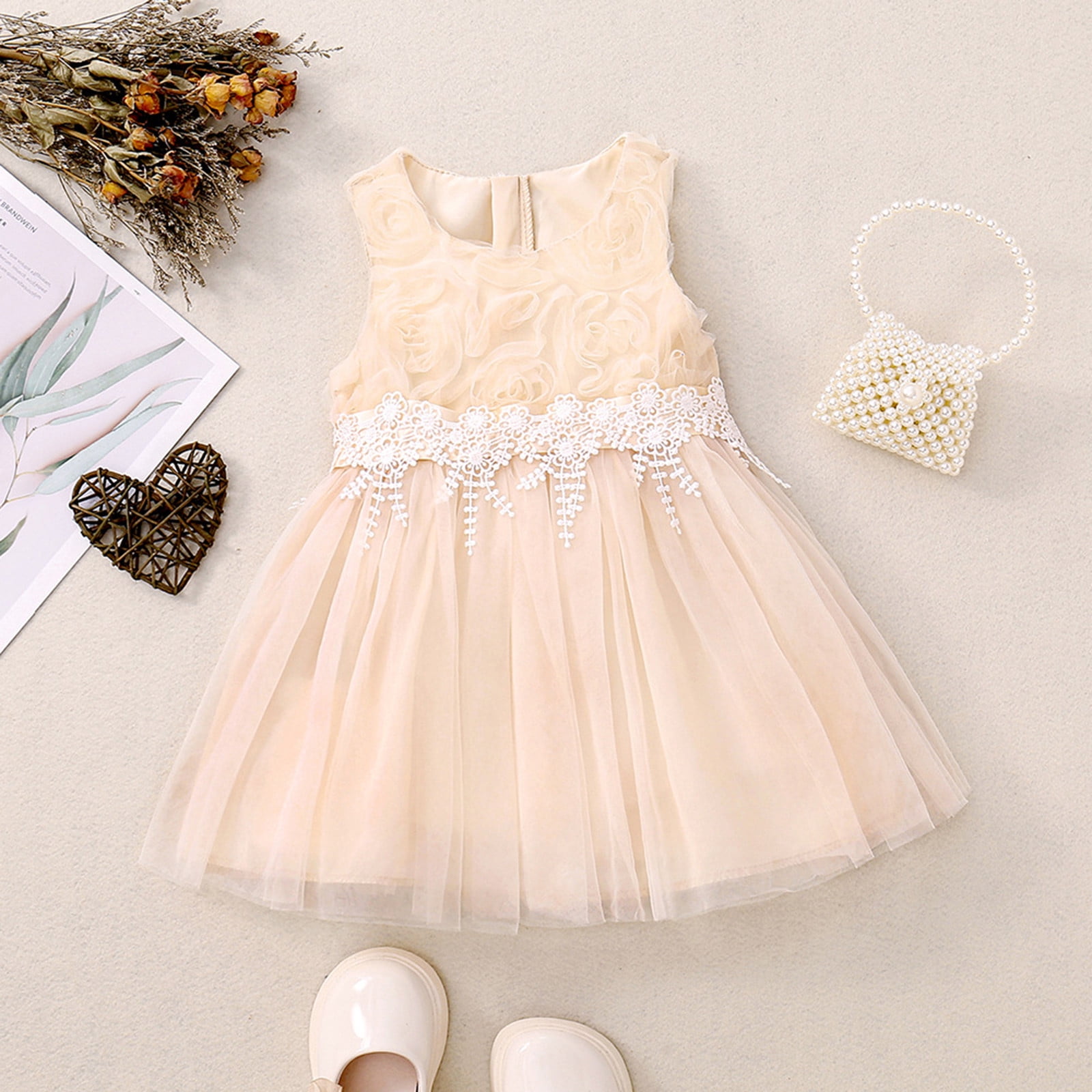 nsendm Girls Dress Big Kid Clothes Toddler Fancy Dress Toddler Girls Child Sleeveless Solid Summer Beach Sundress Party Dresses Tulle Princess Flower Beige 2 3 Years Walmart