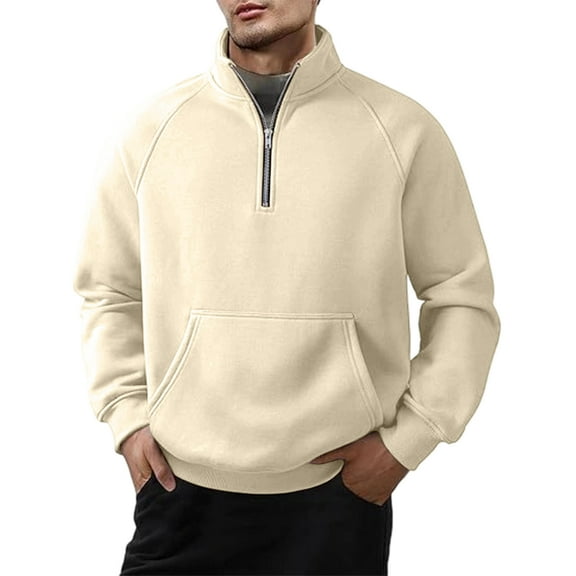 Mrmaere Men's Quarter Zip Mock Neck Sweatshirt Kangaroo Pocket Warm Fabric Top for Casual Gatherings Daily Errands Relaxation Beige L