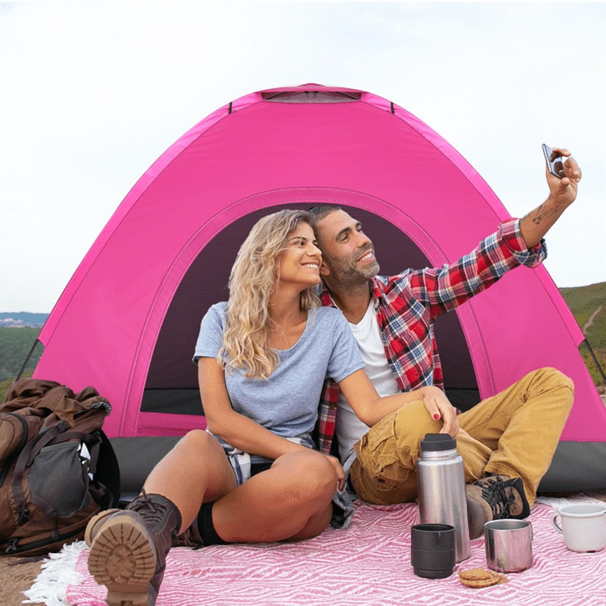 Cotinse 3-4 Person Tent for Camping, Instant Pop Up Camping Tent with Screen Porch, Family Tent for Outdoor/Hiking/Traveling, with Tote Bag, Camp Dome,Pink