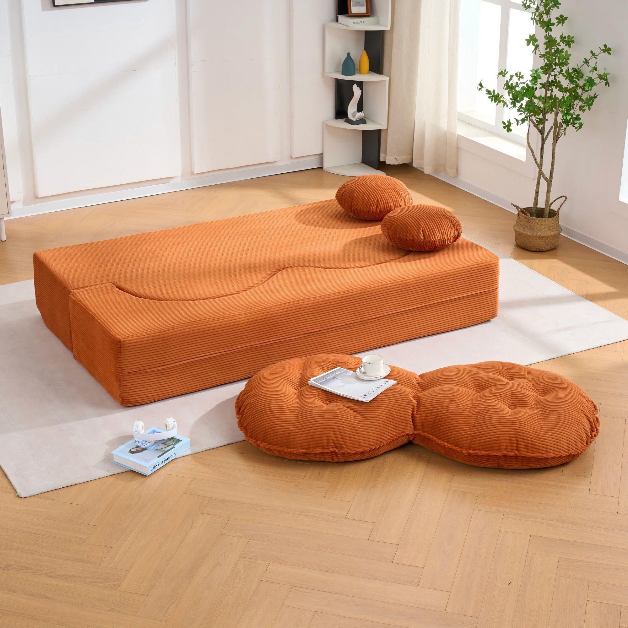 Convertible Sleeper Sofa – Modern Folding Futon, Corduroy Floor Foam Loveseat, Full-Size Guest Bed with 2 Pillows – Space-Saving for Apartment, Living Room, Bedroom