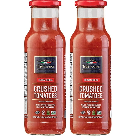 Tuscanini Premium Italian Crushed Tomatoes 24.7oz 2 Pack Passata Rustica, Vegan, Nothing Artificial, Imported From Italy, Premium Glass Bottle