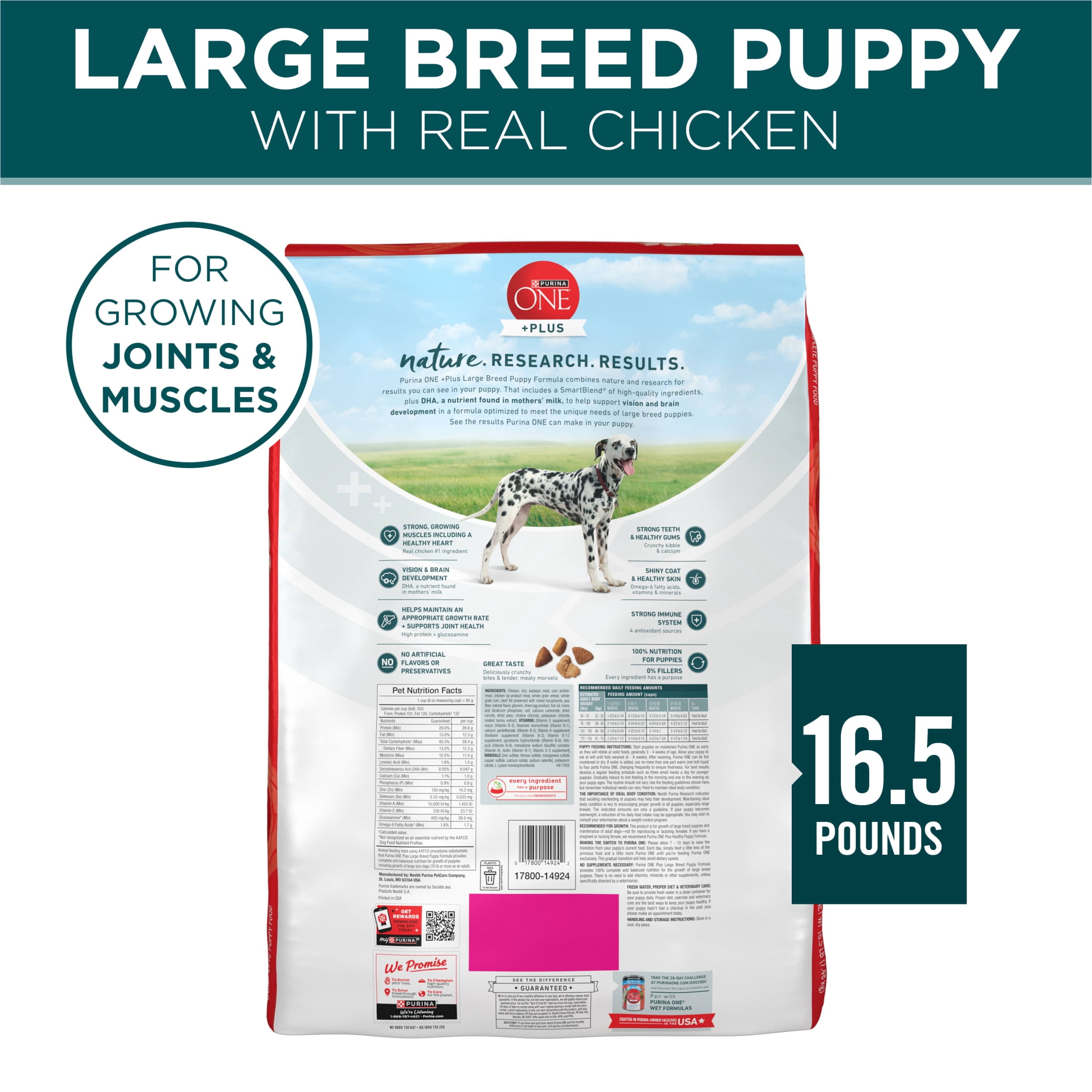 Purina One Plus Puppy Dry Dog Food for Large Dogs High Protein Growth Support, Real Chicken, 16.5 lb Bag