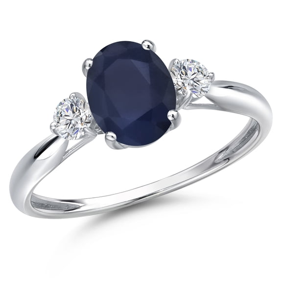 Gem Stone King 10K White Gold Blue Sapphire and Lab Grown Diamond 3-Stone Ring for Women | 2.02 Cttw | Oval 8X6MM | Gemstone September Birthstone | Size 8