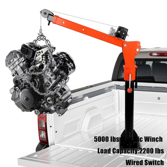 2200lb Load Capacity Folding Truck-Mounted Crane, with Electric Winch 5000 lb 12V, Painted Steel Pickup Truck Jib Cranes 360 Swivel