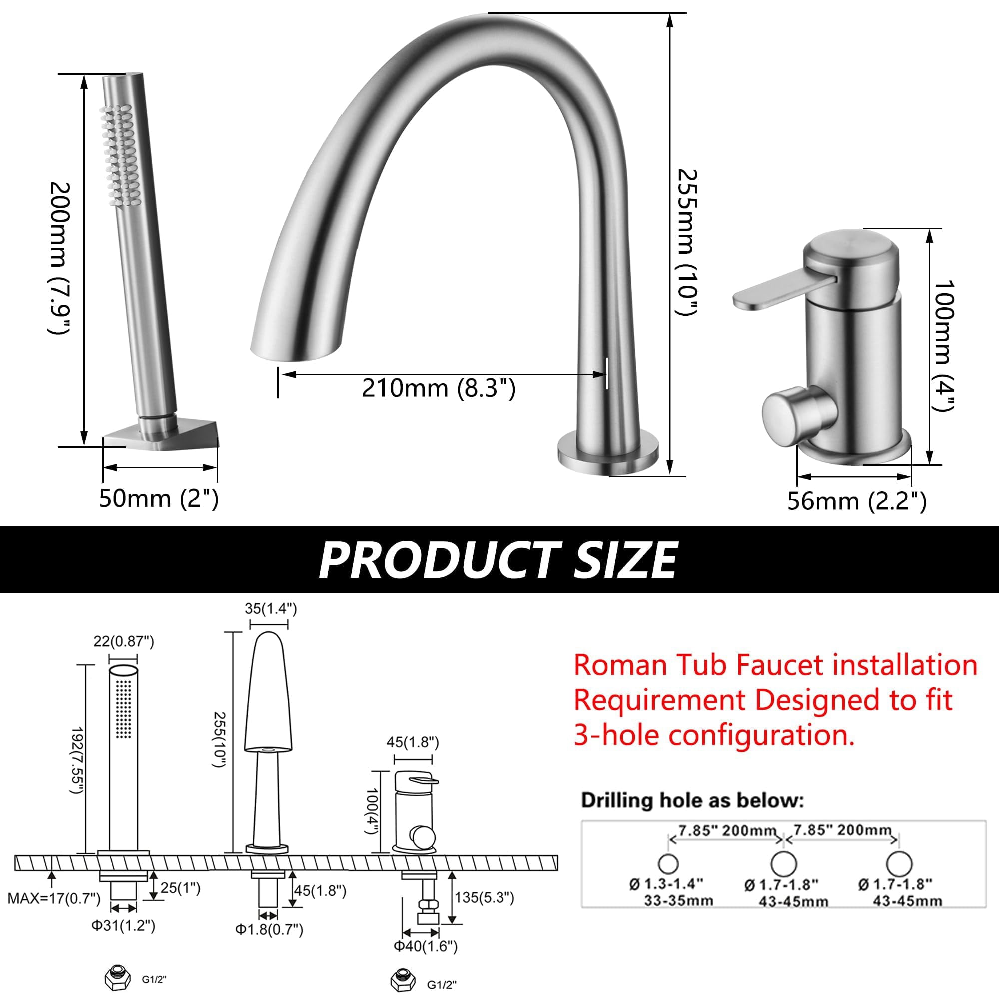 Roman Tub Faucet With Hand Shower 3 Hole Deck Mount Filler Bathtub Sprayer High Flow Set Brush Nickel