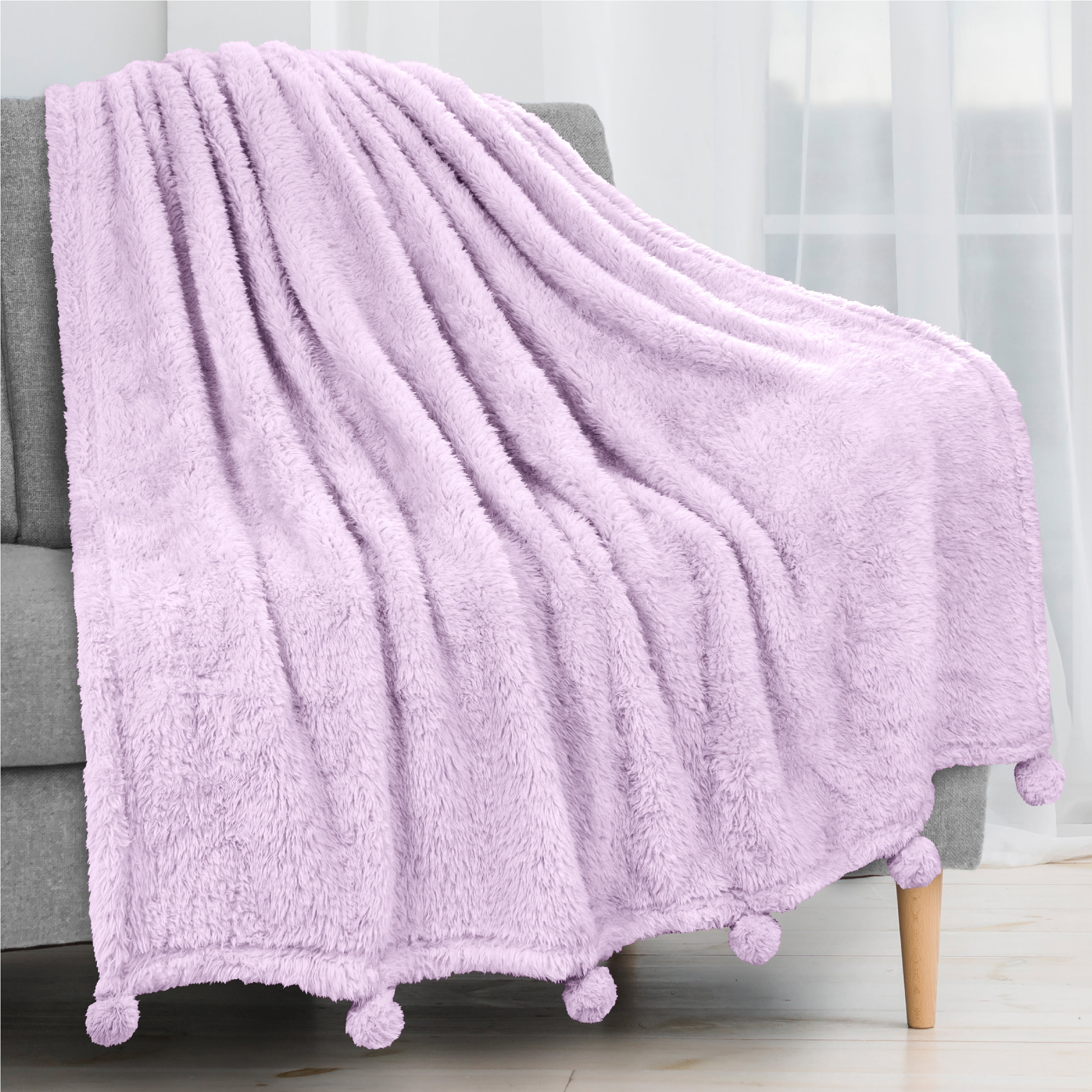 PAVILIA Plush Sherpa Throw Blanket with Pom Pom Fringe, Lavender Lilac