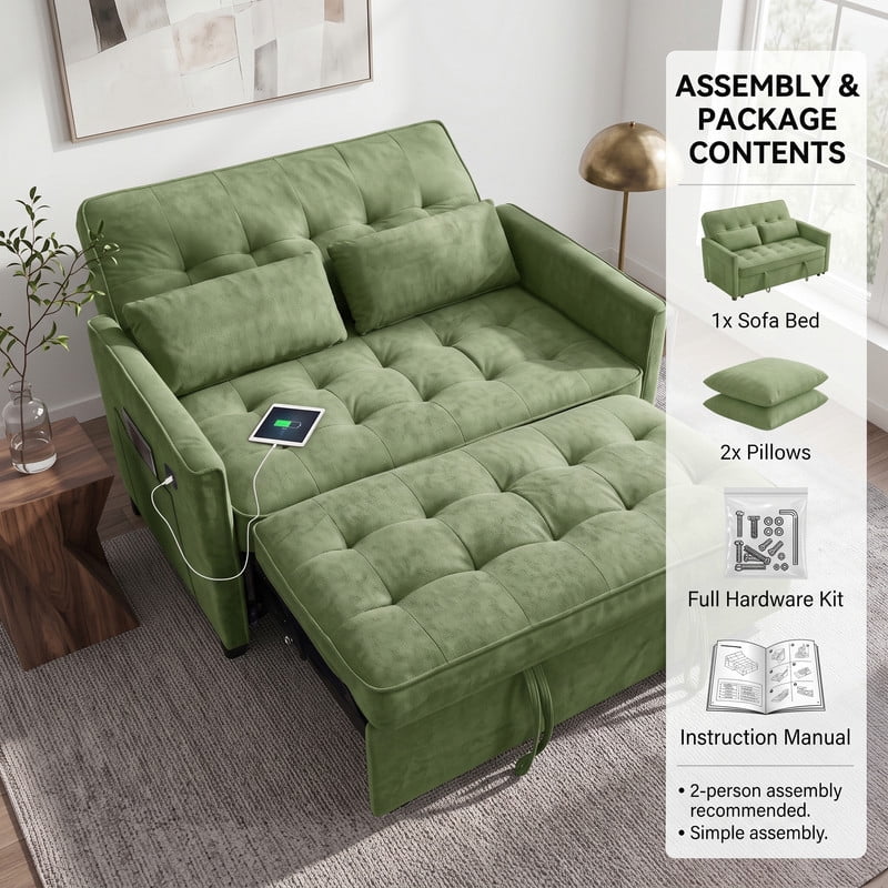 Anpport 54" 3‑in‑1 Convertible Sofa Bed, Towel Fabric, 3‑Position Adjustable Backrest with USB Charging Ports, for Living Room, Apartment, Green