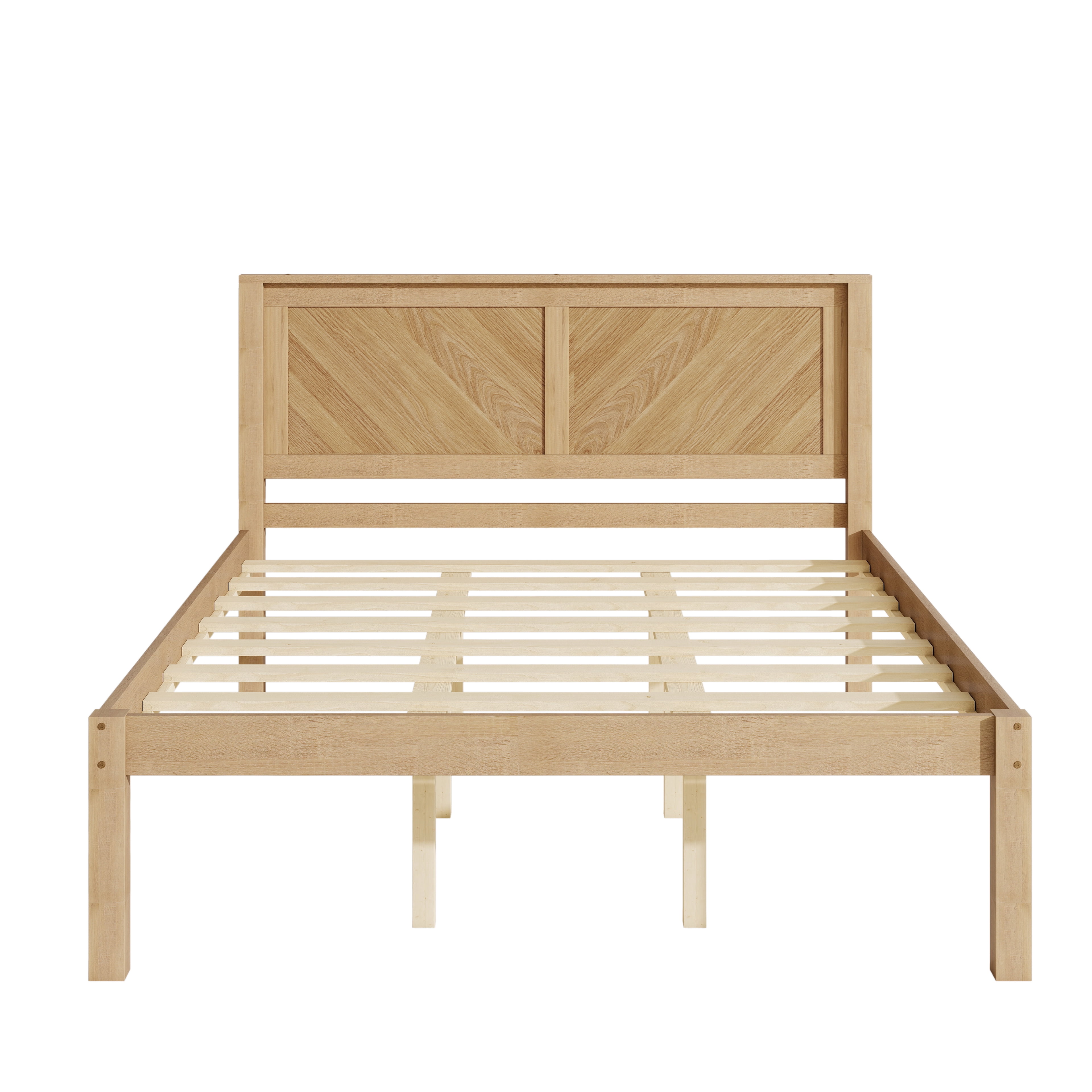 Queen Bed Frame with Herringbone Wood Headboard, Solid Wood Platform Bed and Mattress Foundation with Under-Bed Storage for Bedroom, Natural Oak