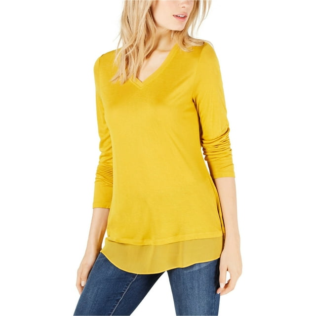 I.N.C T-Shirt Basique à Bordure Transparente pour Femmes, Jaune, Moyen