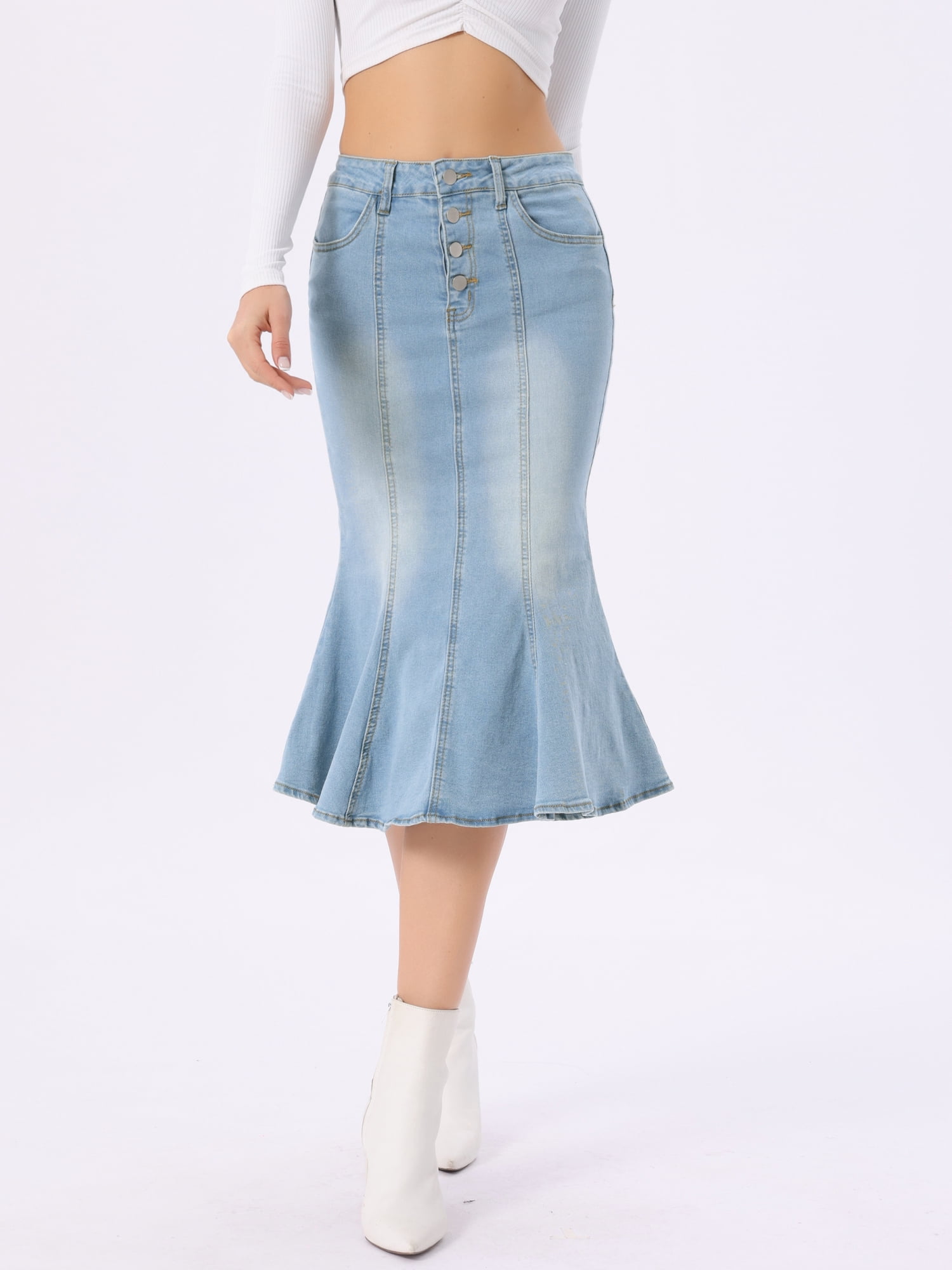 DARING DIVA Women's Soft Elegant Washed Fishtail Casual Midi Denim Skirt M Light Blue
