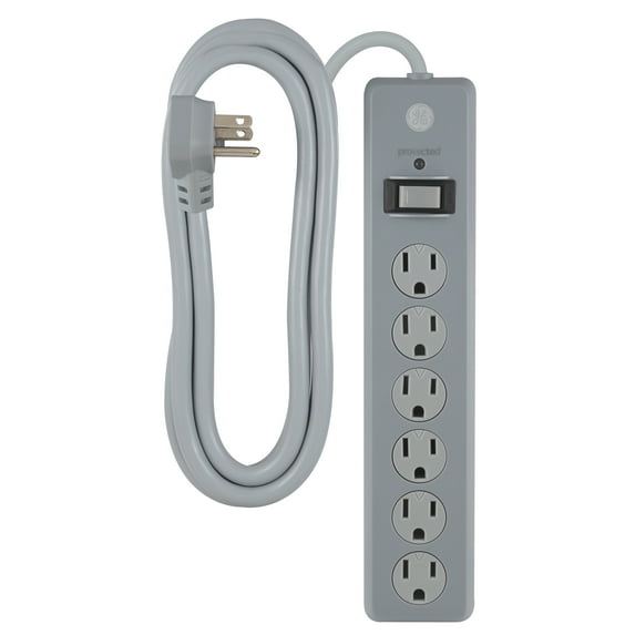 GE 6-Grounded Outlet Surge Protector, Safety Covers, 8ft., Gray-61344