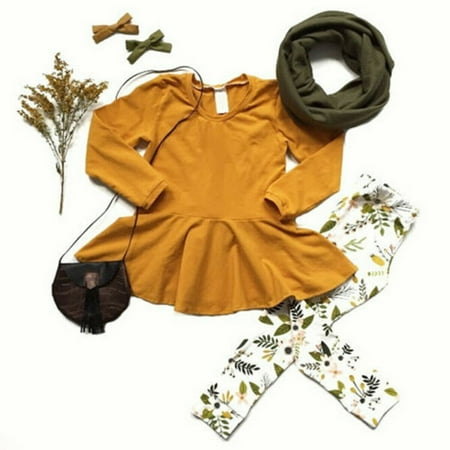 

Toddler Baby Girl Kids Long Sleeve T-Shirt Solid Top Dress+Floral Pants Fall Clothes 2Pcs Set