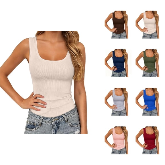 Tank Tops for Women Summer Scoop Neck Slim Fit Ribbed Plain Sleeveless Shirt Casual Basic Tanks