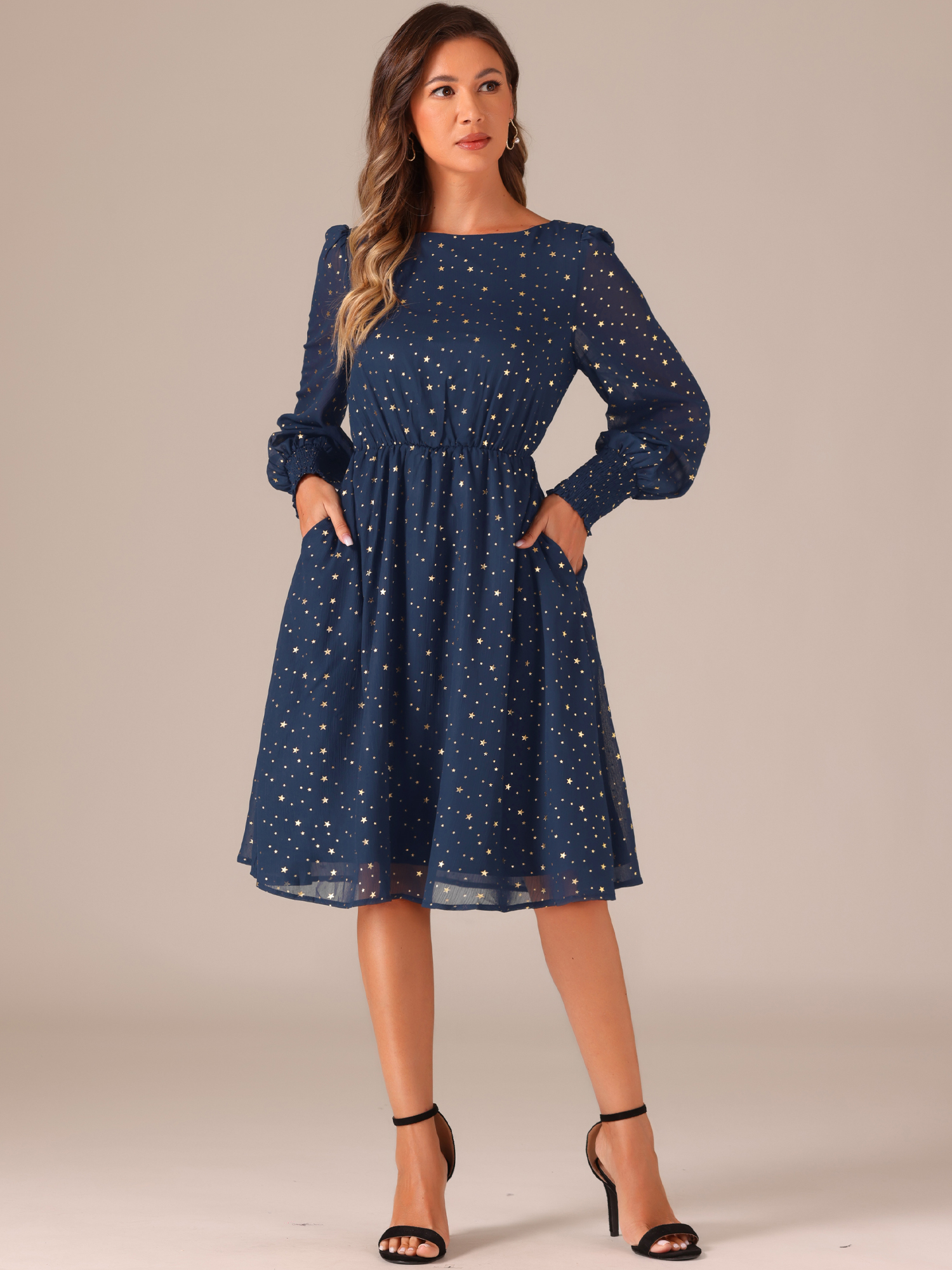 DARING DIVA Puff Long Sleeve Elastic Waist Mesh Dress S Dark Blue