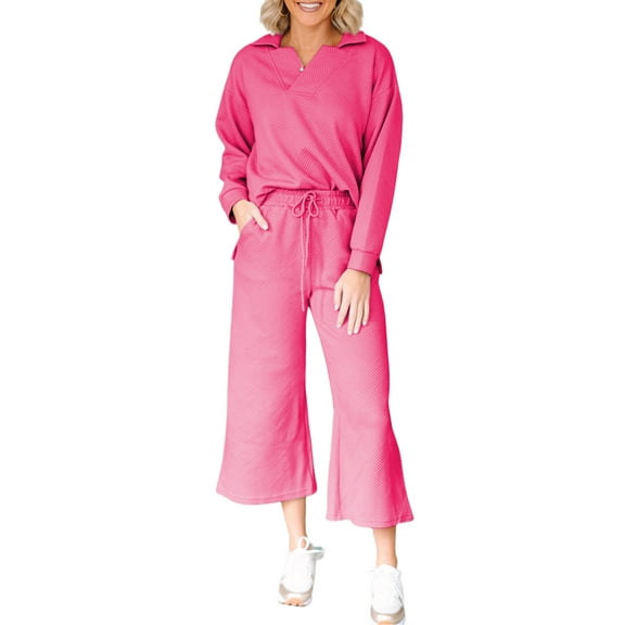 Bonbon Pink Textured V Neck Top and Wide Leg Pants Set for Women | [ZhiHiMeRi] | (US 20-22)2XL
