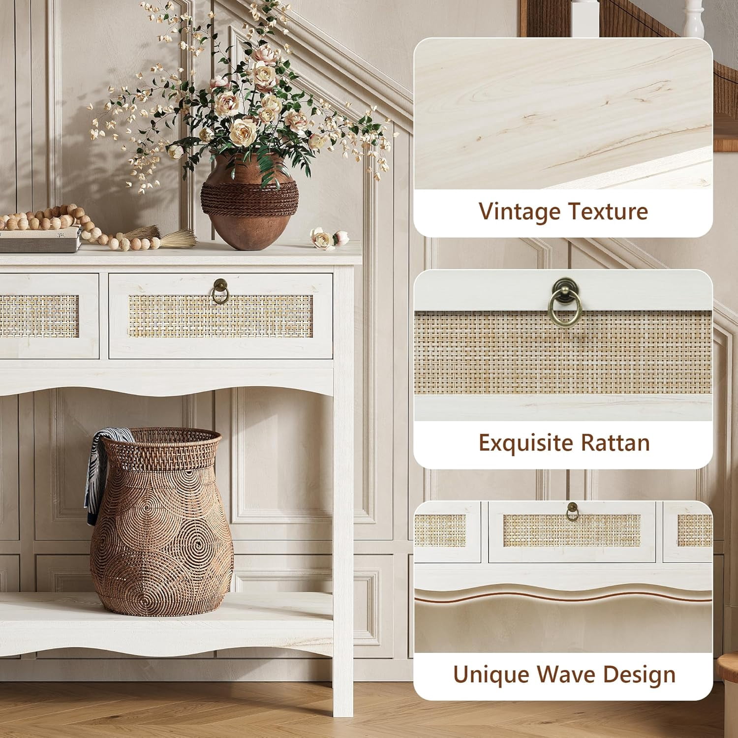 LAZZO 51” Boho Rattan Console Table, Narrow Entryway Table with 3 Drawers & Open Shelf, White
