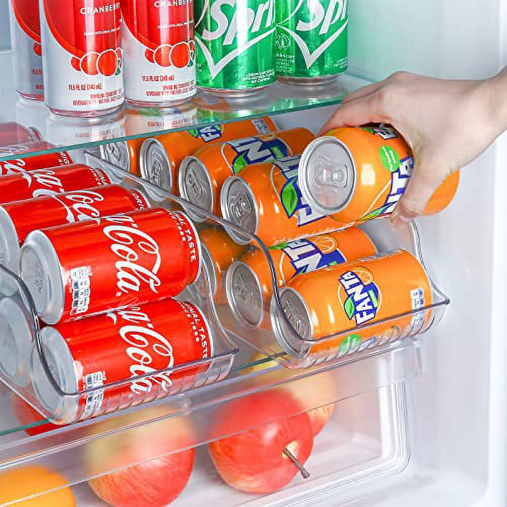 Puricon 2 Pack Can Drink Dispenser Organizer for Refrigerator, Clear Plastic Soda Pop Can Holder Container Storage Bin for Fridge Freezer Pantry Cabinet Kitchen -for Standard Can