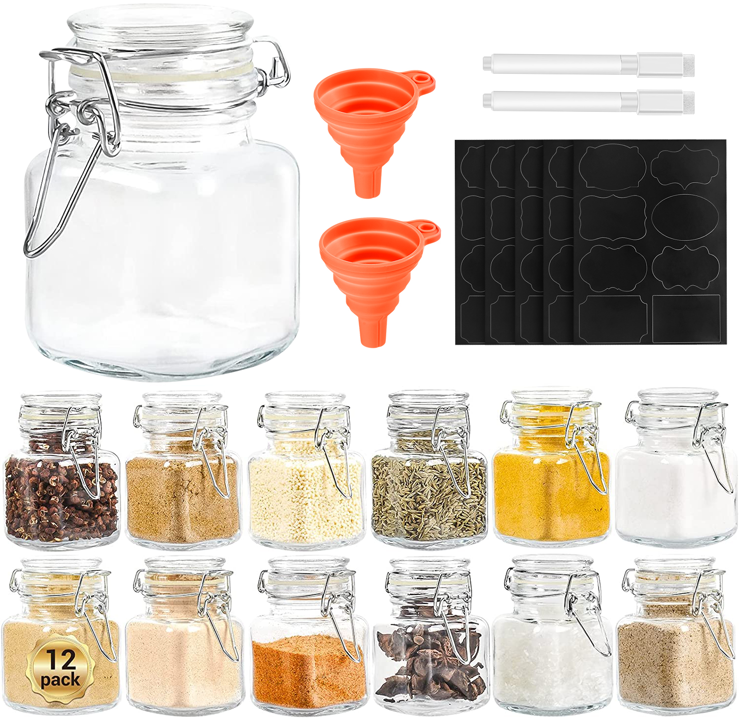 Square Glass Spice Jars 12 Airtight Flip Top Bottles with 40 Labels