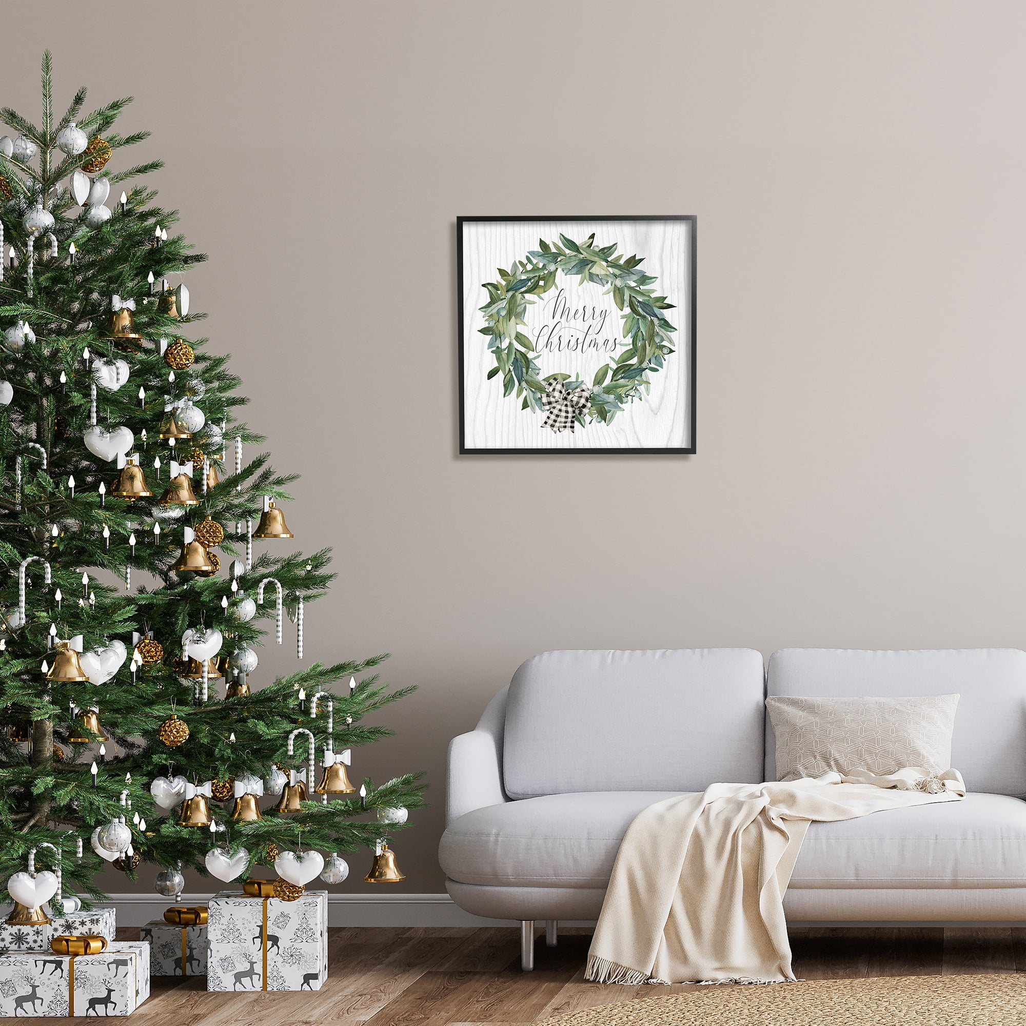 Stupell Industries Tartan Bow Wreath Holiday Painting Black Framed Art Print Wall Art, 24 x 24