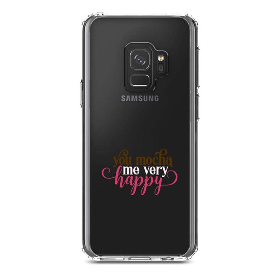 DistinctInk Clear Shockproof Hybrid Case for Samsung Galaxy S9 (5.8" Screen) - TPU Bumper Acrylic Back Tempered Glass Screen Protector - You Mocha Me Very Happy