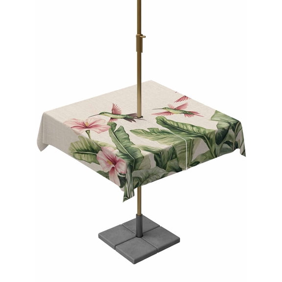 Square Outdoor Tablecloth with Umbrella Hole Summer Flowers Outside Table Cloth Waterproof Patio Table Cover Retro Country Tropical Palm Leaves Birds Zipper Tablecloths for Picnic Camping 54x54 Inch
