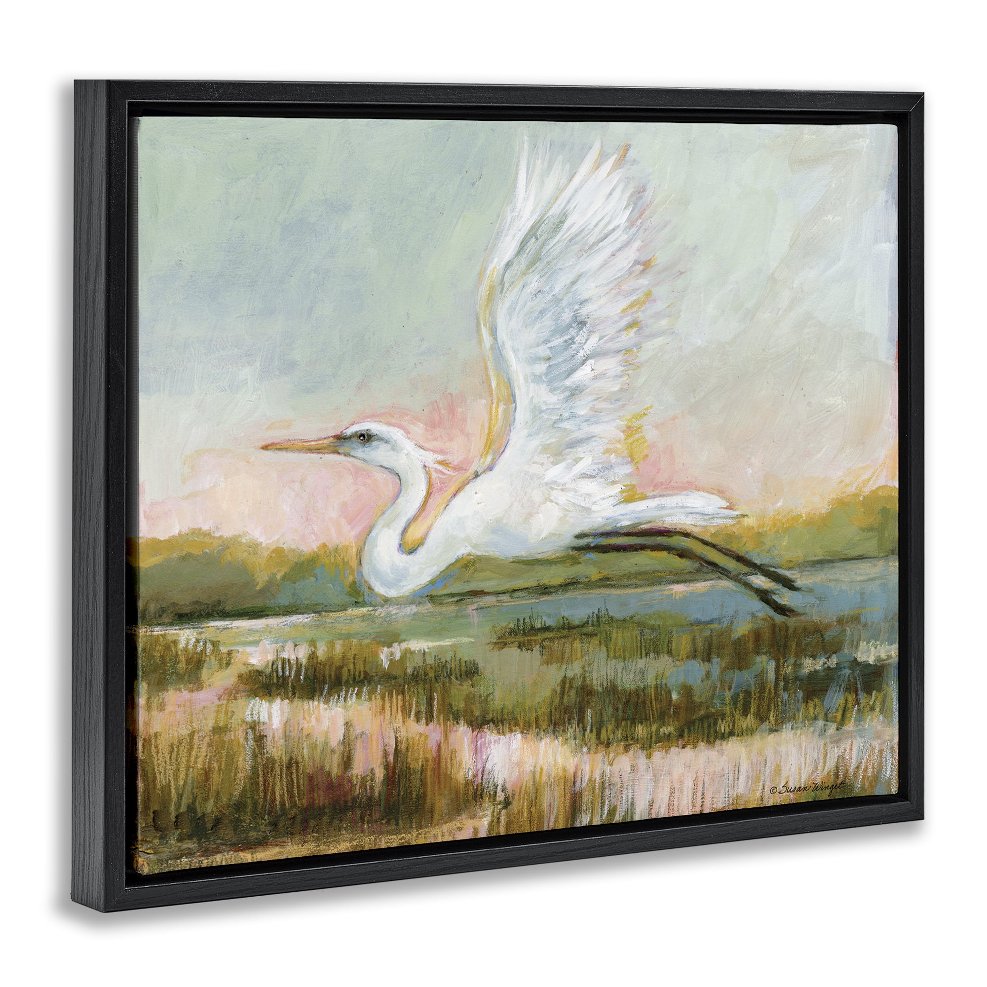 Stupell Industries White Heron Flying Black Framed Floater Canvas Wall Art, design by Susan Winget