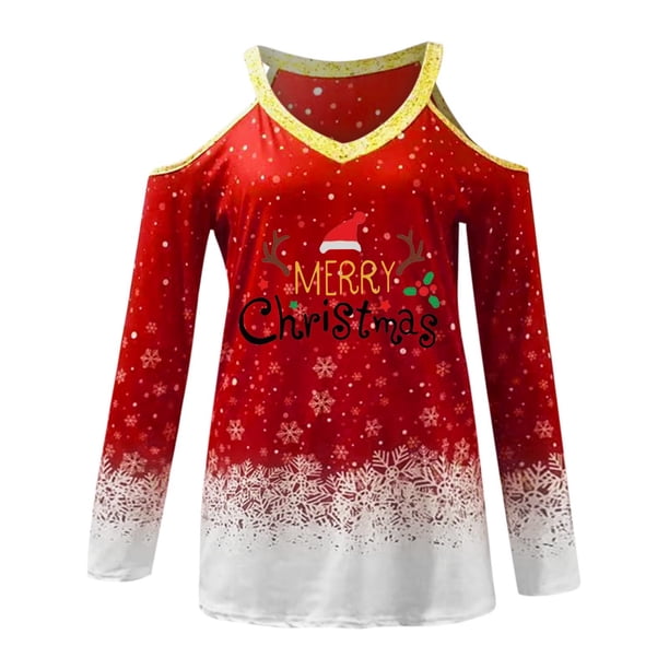 Blusa informal de manga larga con cuello en V y hombros descubiertos para mujer a la moda navideña Pompotops gfhjh20357