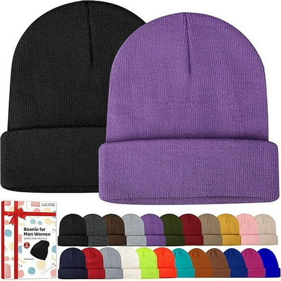 Beanies for Men Women 2 Pack Fall Winter Men's Hats Unisex Warm Knit Skullies Beanies Soft Ski Caps Black and Purple