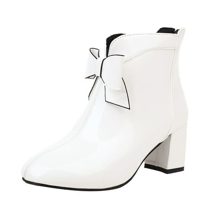 YHGFVOKJ Boots for Women Fashion Leather Bowknot Thick Heel Pointed Toe Non Slip Medium Heel Solid Back Zipper Retro Short Boots Shoes Womens Casual Shoes White 40
