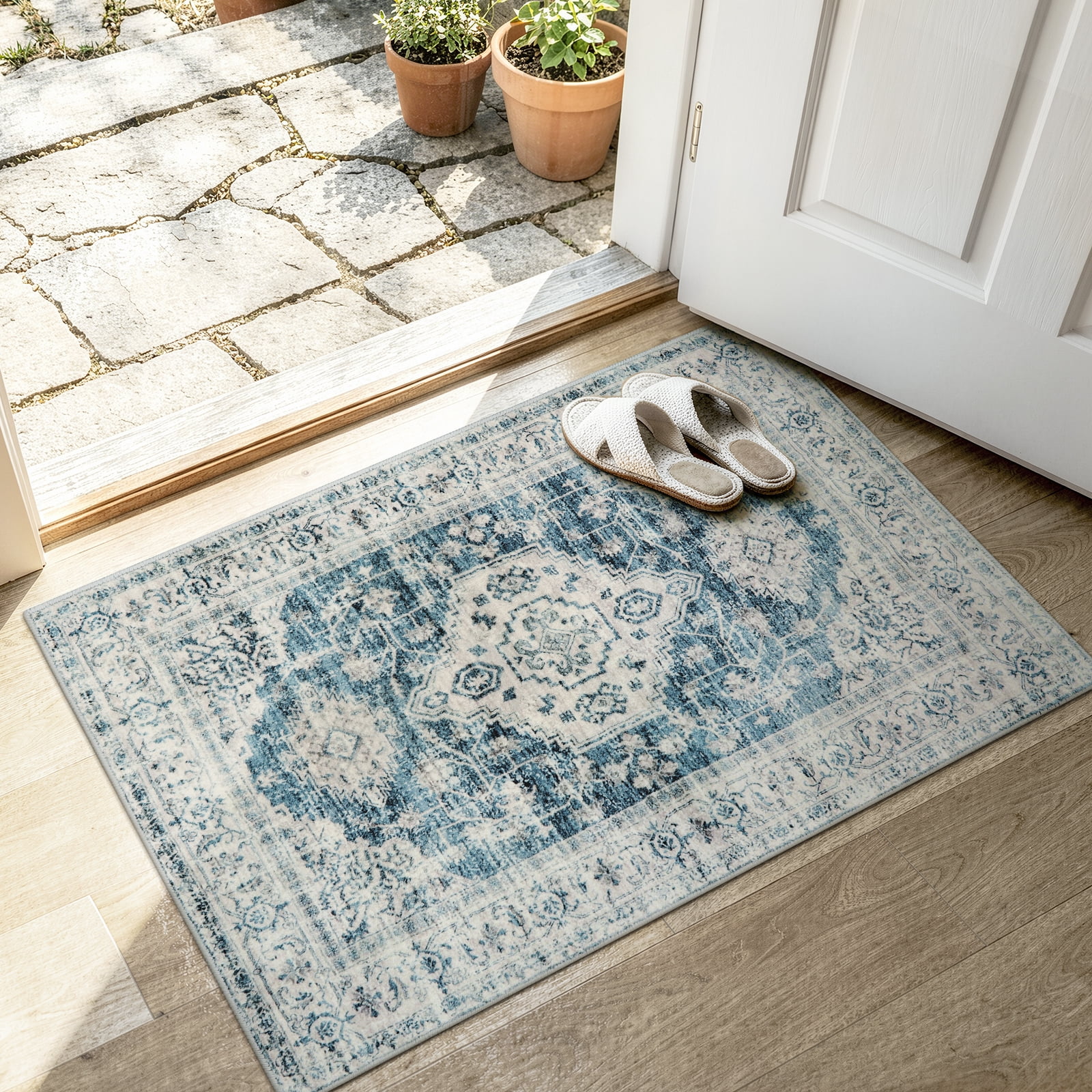 Lahome 2'x3' Blue Boho Washable Area Rug,Non-Slip, Ultra-Thin Low-Pile Mat for Entryway, Kitchen, Bathroom & Bedroom,Indoor Door Mat Accent Carpe
