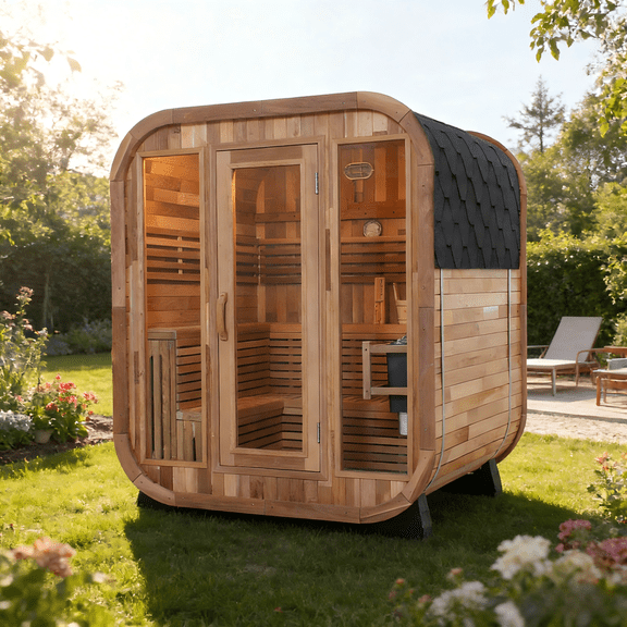 Outdoor Square Sauna, Patchwork Red Cedar Traditional Steam Sauna