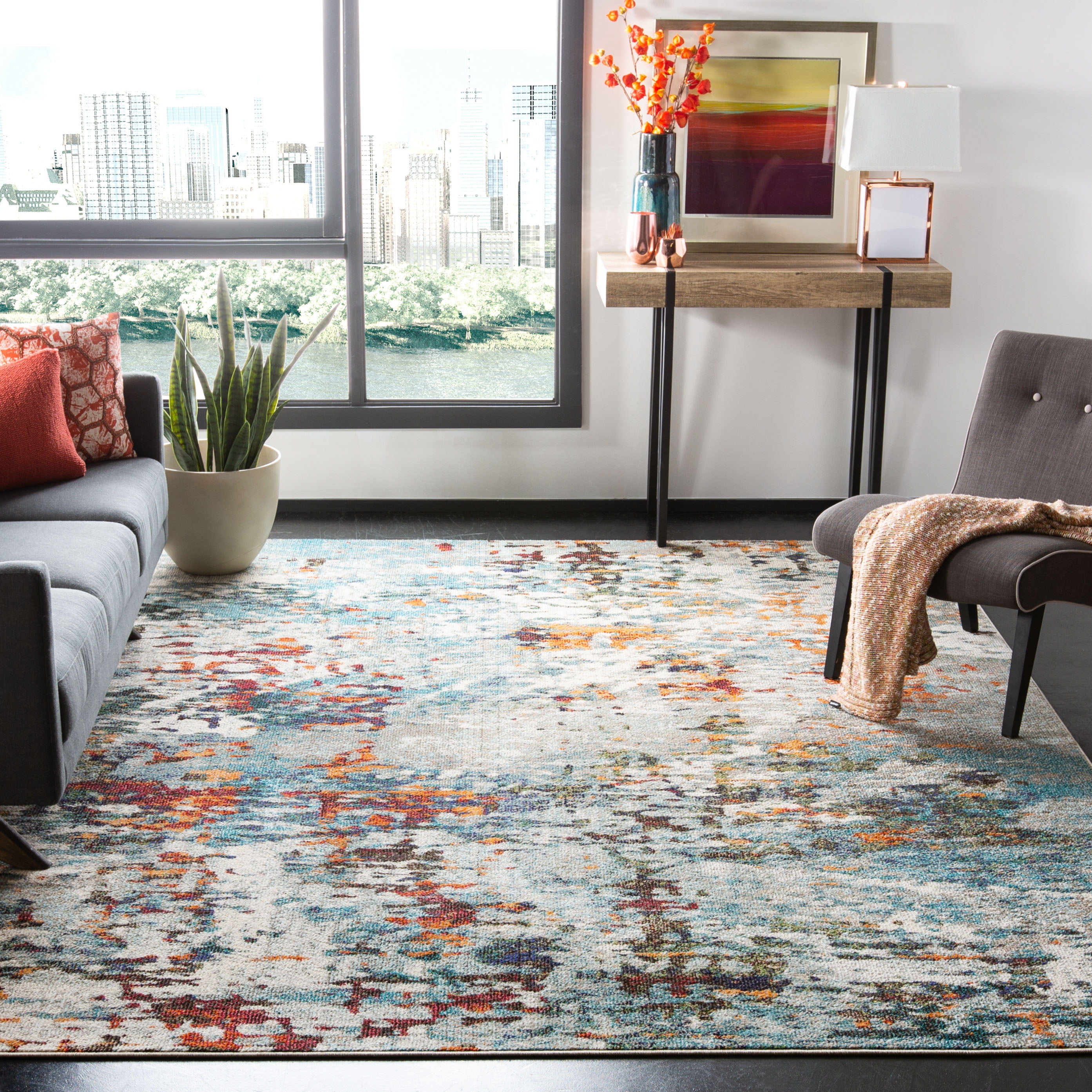 SAFAVIEH Madison Flowers Vintage Abstract Area Rug, Grey/Blue, 10' x 14'