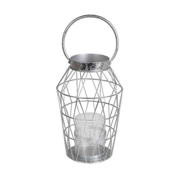 Benzara BM203672 Geometric Design Metal Candle Holder with Glass Hurricane, Silver - Large