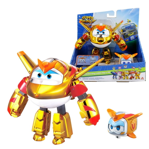 Super Wings Transforming 2-Pack Supercharged Golden Boy & Super Pet with Light Effect, Season 7 Airplane to Robot Toys for Kids Ages 3+