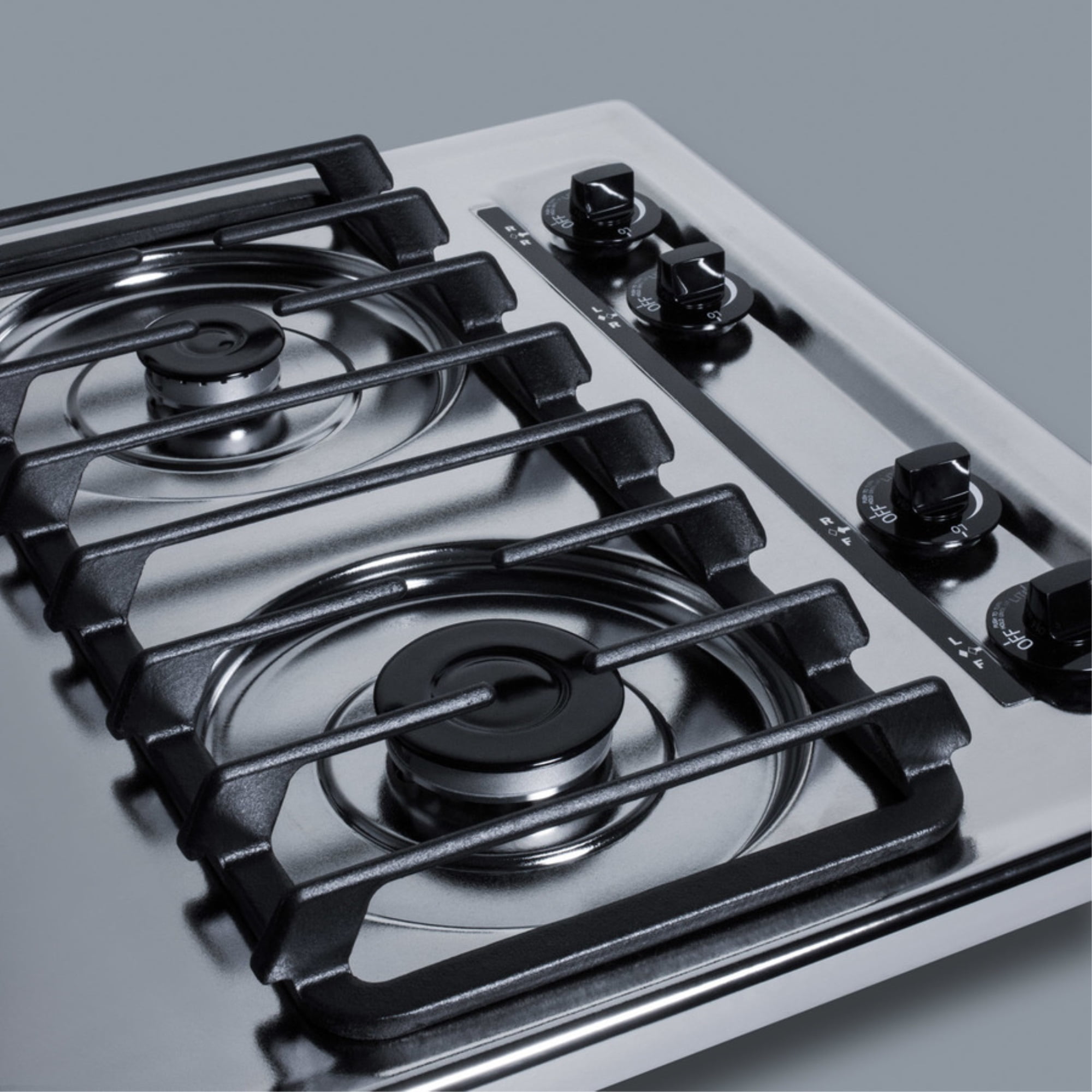 24" wide gas cooktop with four sealed burners, chrome surface, and cast iron grates; made in the USA