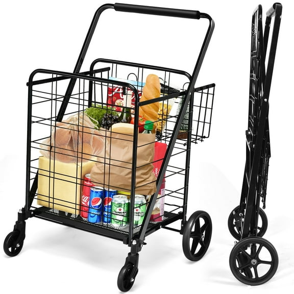 RTYJGD  Heavy Duty Folding Shopping Cart - Black, 330lbs Capacity, Double Basket Utility Cart with Steel & Plastic Construction, 360° Swivel Wheels