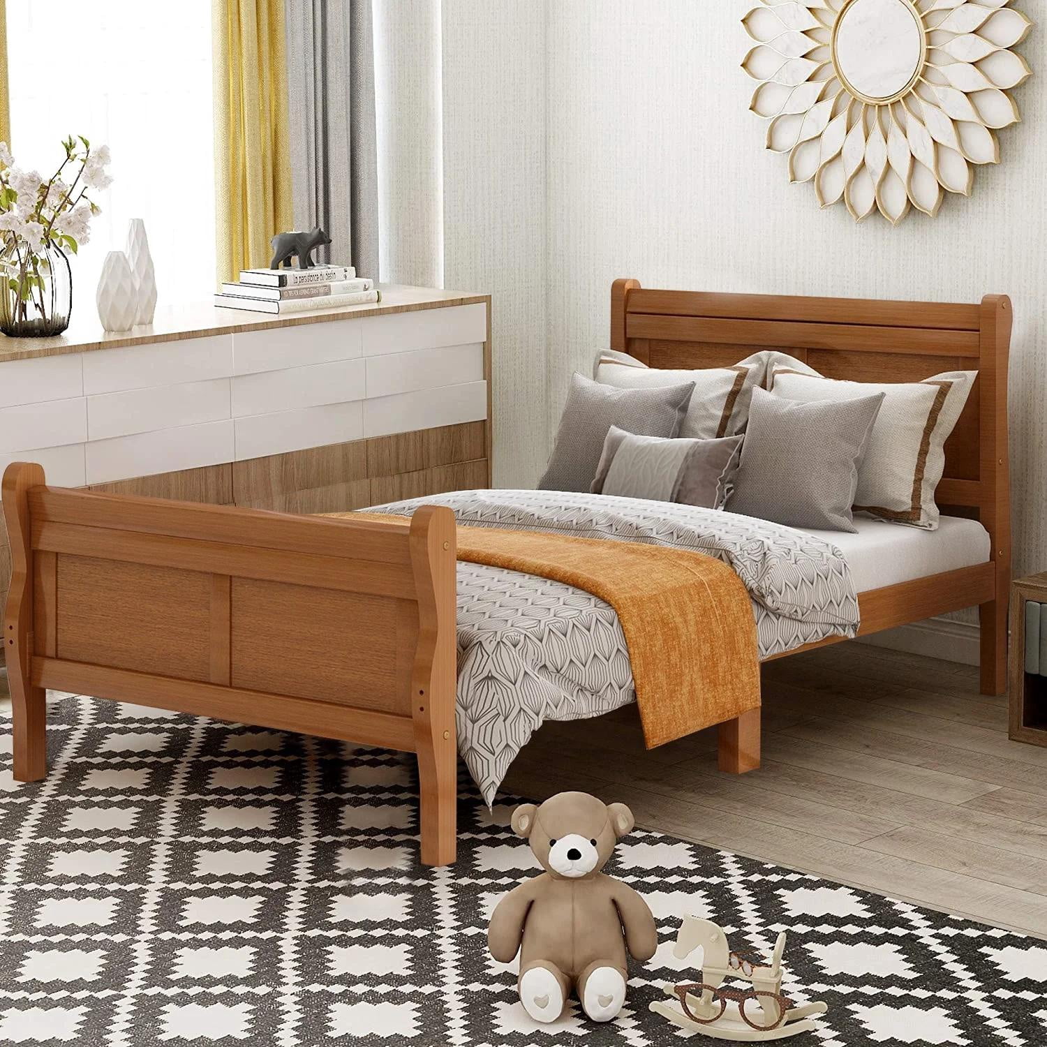 Gewnee Twin Size Wood Platfrom Bed with Headboard and Footboard for Kids and Adults,Oak