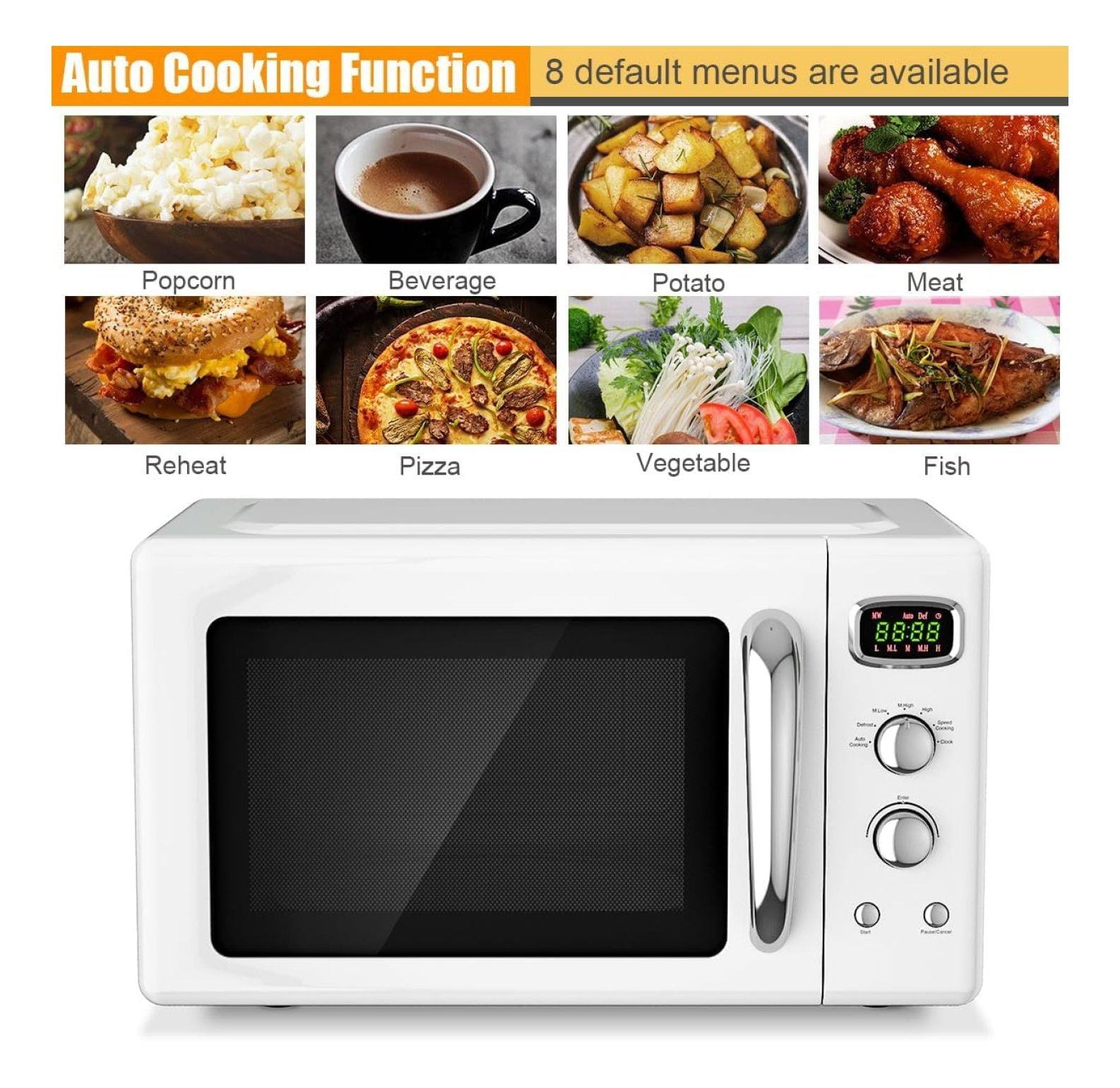 0.9 Cu.Ft Microwave Oven, 900W Countertop Microwave, 5 Power Levels, Defrost, Auto Cook, LED Display, Stainless Steel Interior, Child Lock, ETL Certified