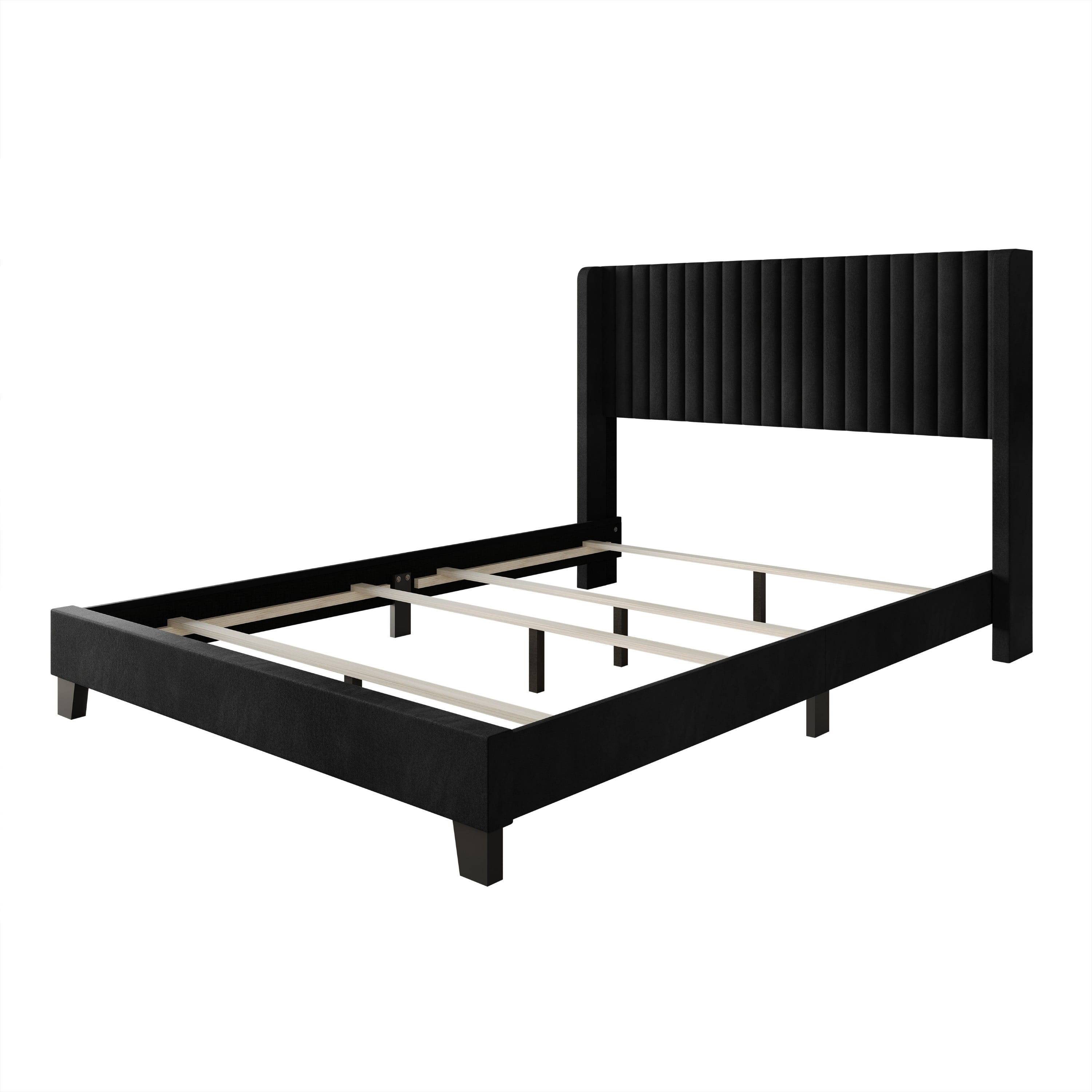 Home Design Ashland Twin Velvet Upholstered Panel Bed Frame with Wingback Headboard and Foam Padding, Black, Easy Assembly