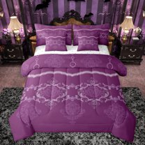 Feelyou Mystic Western Damask Twin Bedding Sets 7-Piece, Bohemian Flower Purple Bedding Comforter Set, Mid Century Fashion Reversible Sheet Sets, Super Cozy Room Decor
