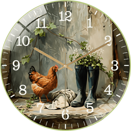12 Inch Hen, Rooste Glass Wall Clock, Chicken Farmhouse Home Decor( 30 × 30 cm)