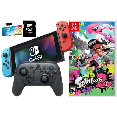 Nintendo Switch Splatoon 2 Pro Controller Aim Bundle: Splatoon 2, 32GB Nintendo Switch Gaming Console with Neon Blue and Red Joy-Con, 128GB SD Card w/ Card Reader and Pro