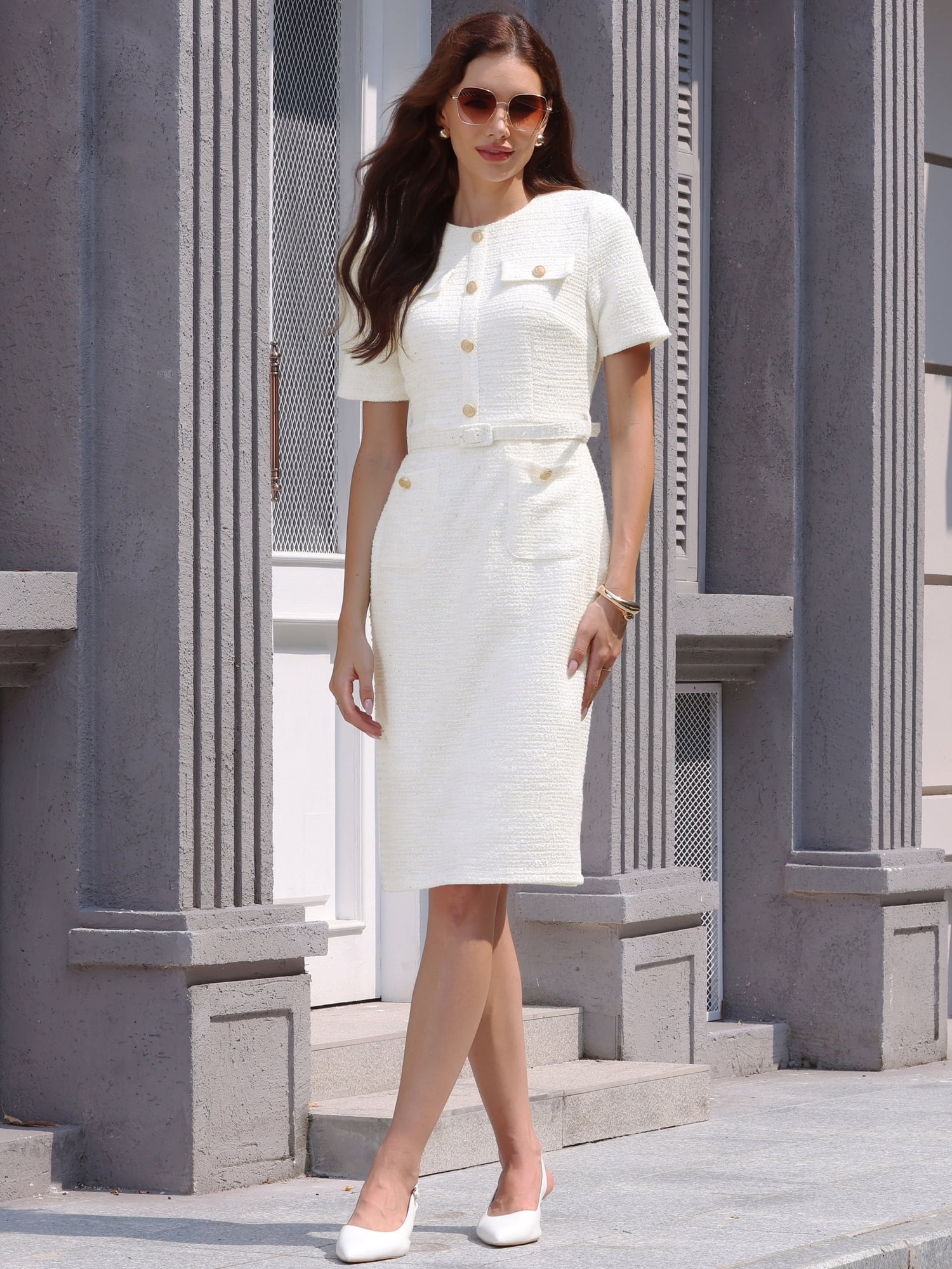 DARING DIVA Women's Short Sleeve Pencil Tweed Sheath Dress with Belted M Beige White
