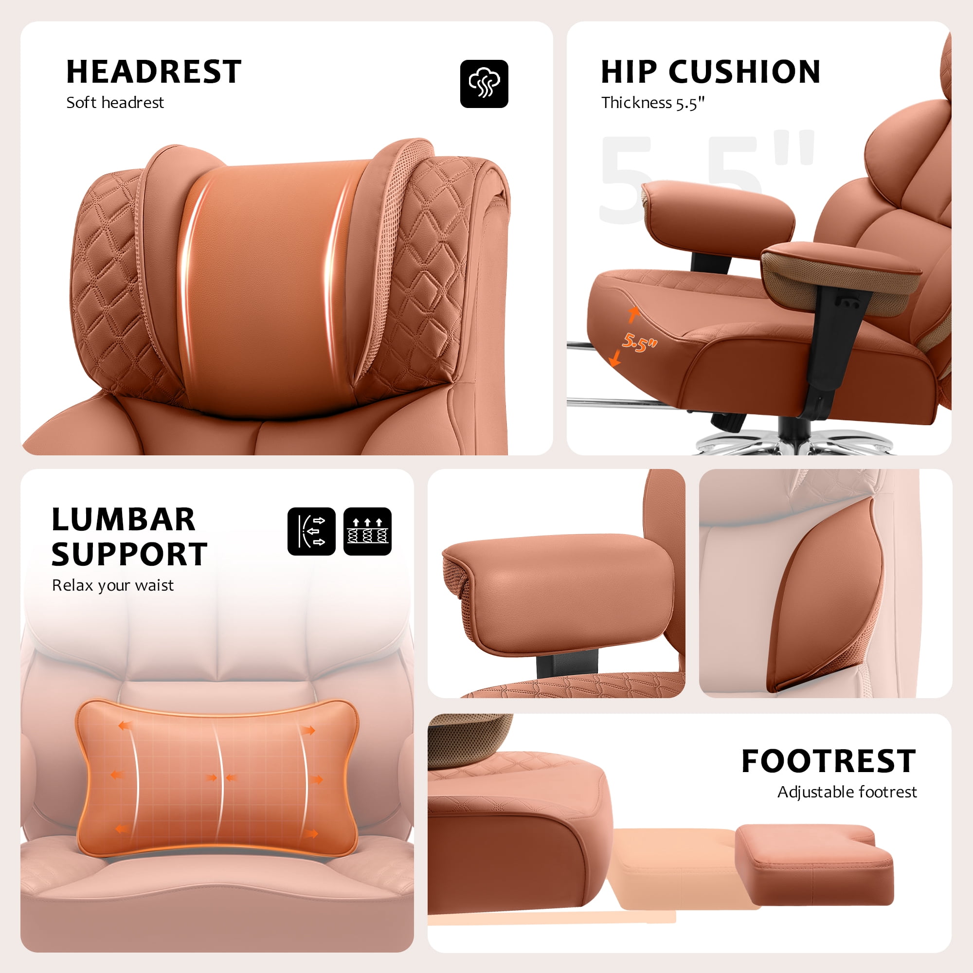 FASTES Office Chair, Big and Tall Desk Chairs with Footrest 400lbs Gaming Chair Ergonomic Executive High-Back Reclining Computer Chair Swivel Wheels and Padded Lumbar Support, Brown